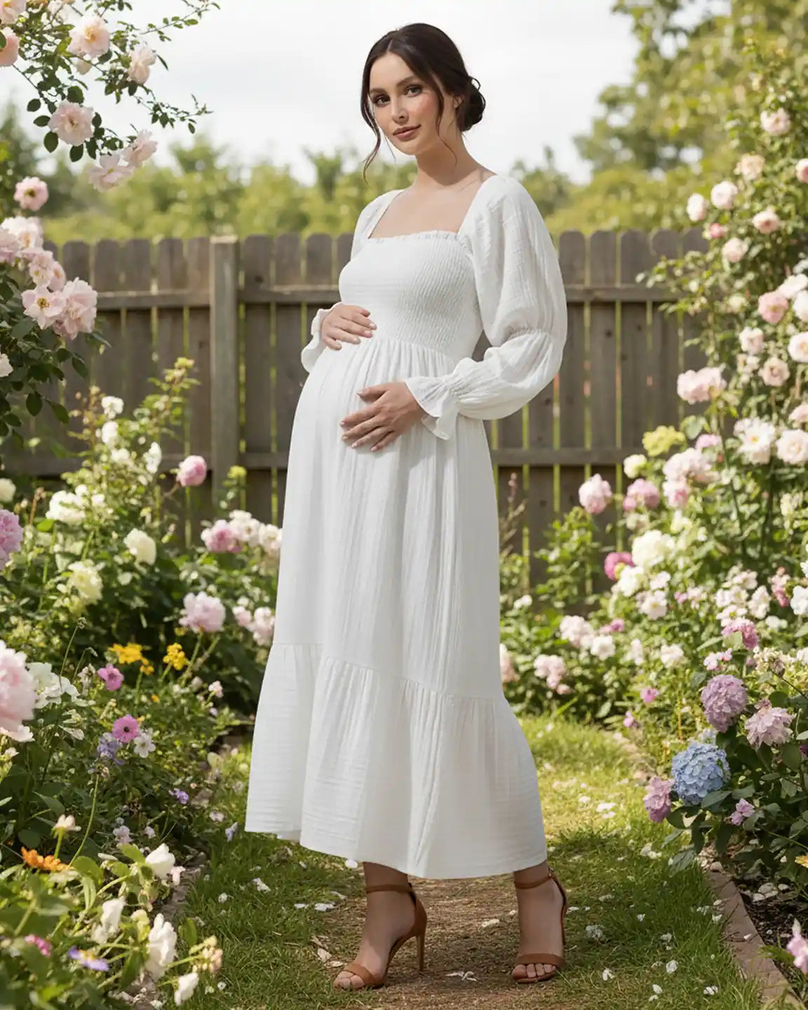 Bump Society – The Comfort Collection: Puffed Long-Sleeve Tiered Skirt Maternity Maxi Dress