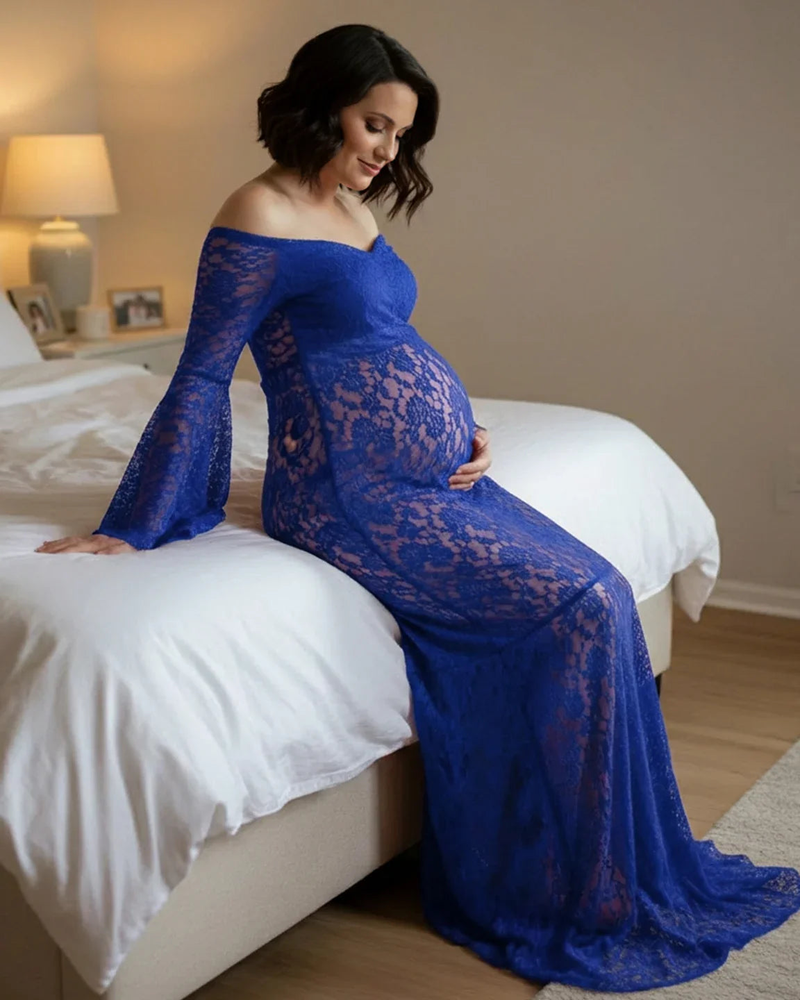 Bump Society – The Comfort Collection: Bell Lace Sleeve Trailing Maternity Gown