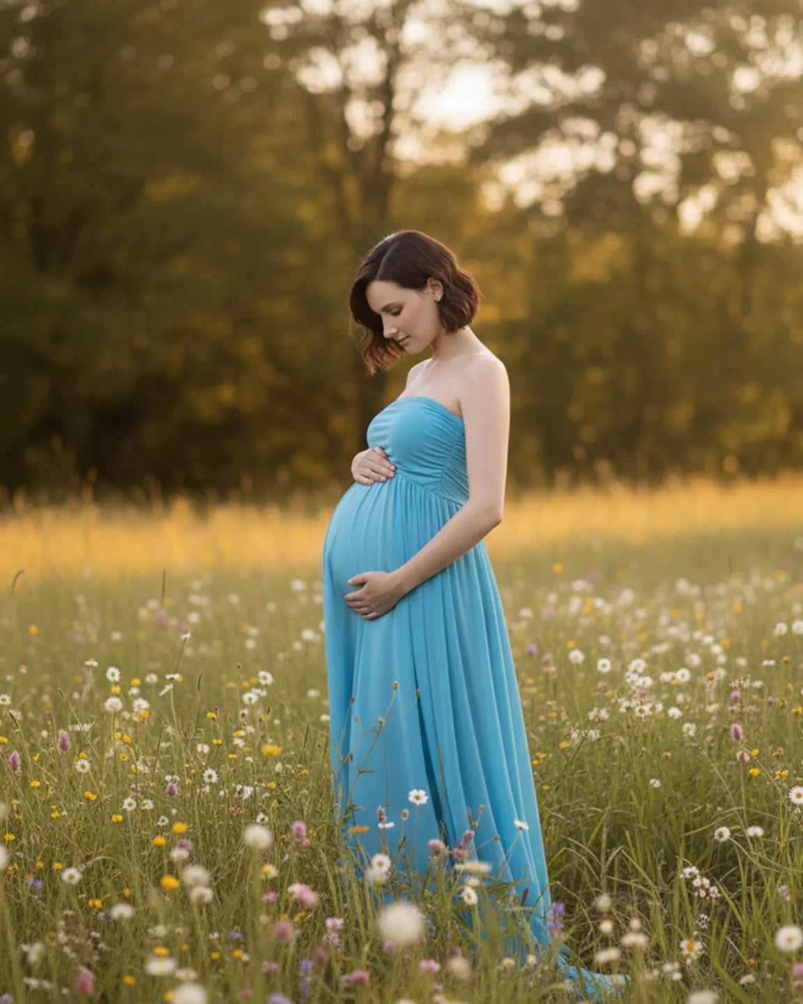 Bump Society – The Comfort Collection: Strapless Ruched Front Slit Maternity Photoshoot Dress