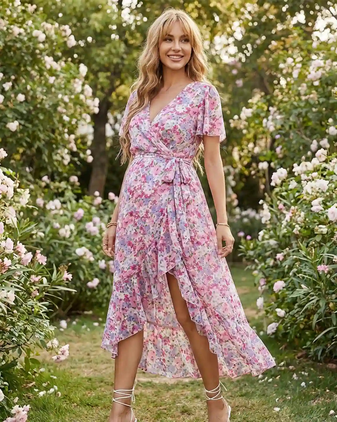 Smiling pregnant woman in a pink floral V-neck ruffled hem maternity midi dress with a tie waist.
