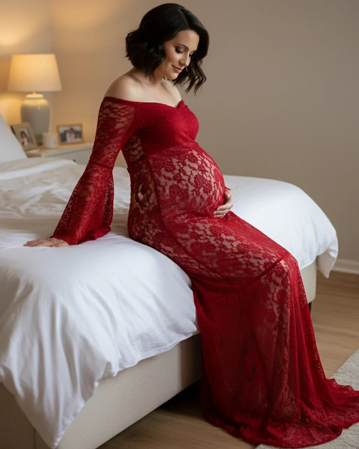 Bump Society – The Comfort Collection: Bell Lace Sleeve Trailing Maternity Gown