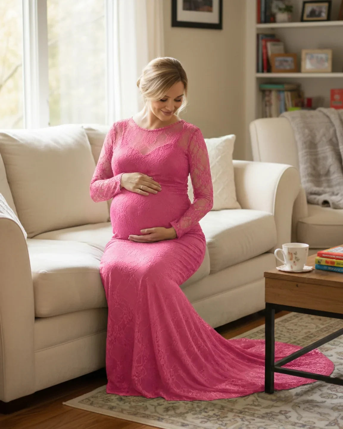 Smiling pregnant woman in a long-sleeved, hot pink sheer lace trumpet maternity gown, sitting on a cream sofa.