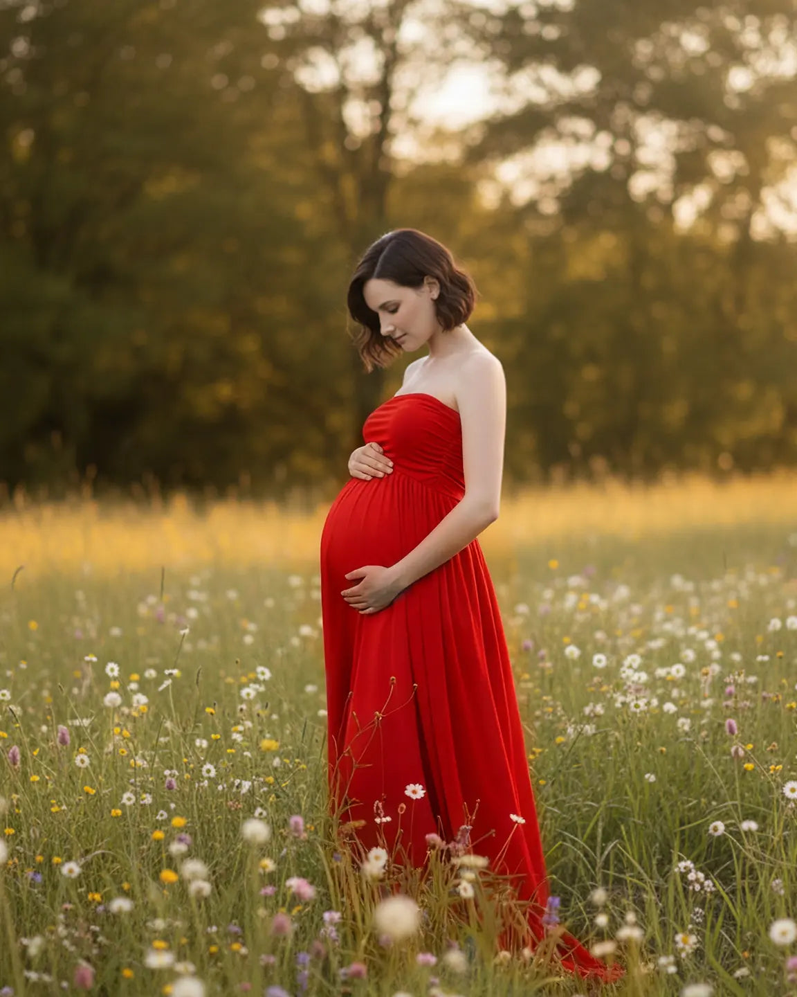 Bump Society – The Comfort Collection: Strapless Ruched Front Slit Maternity Photoshoot Dress