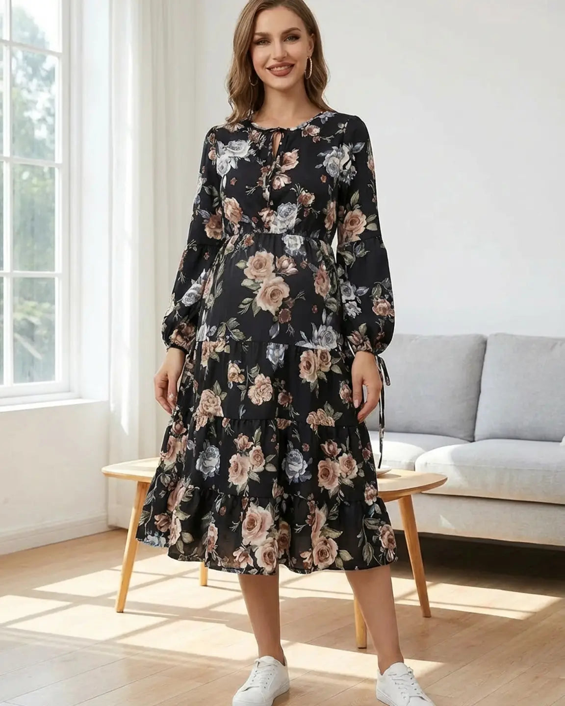 Bump Society – The Comfort Collection: Floral Tiered Hem Boho Maternity Midi Dress