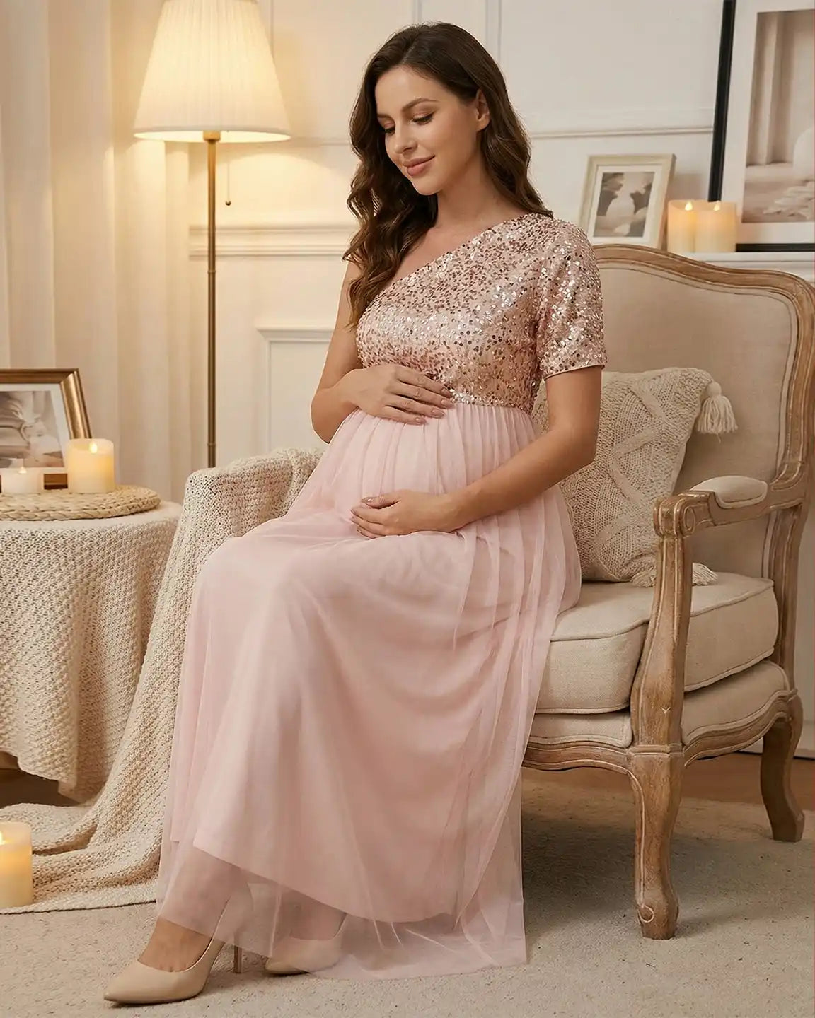 Bump Society – The Comfort Collection: Sequin Bodice Flowing Mesh Maternity Maxi Dress