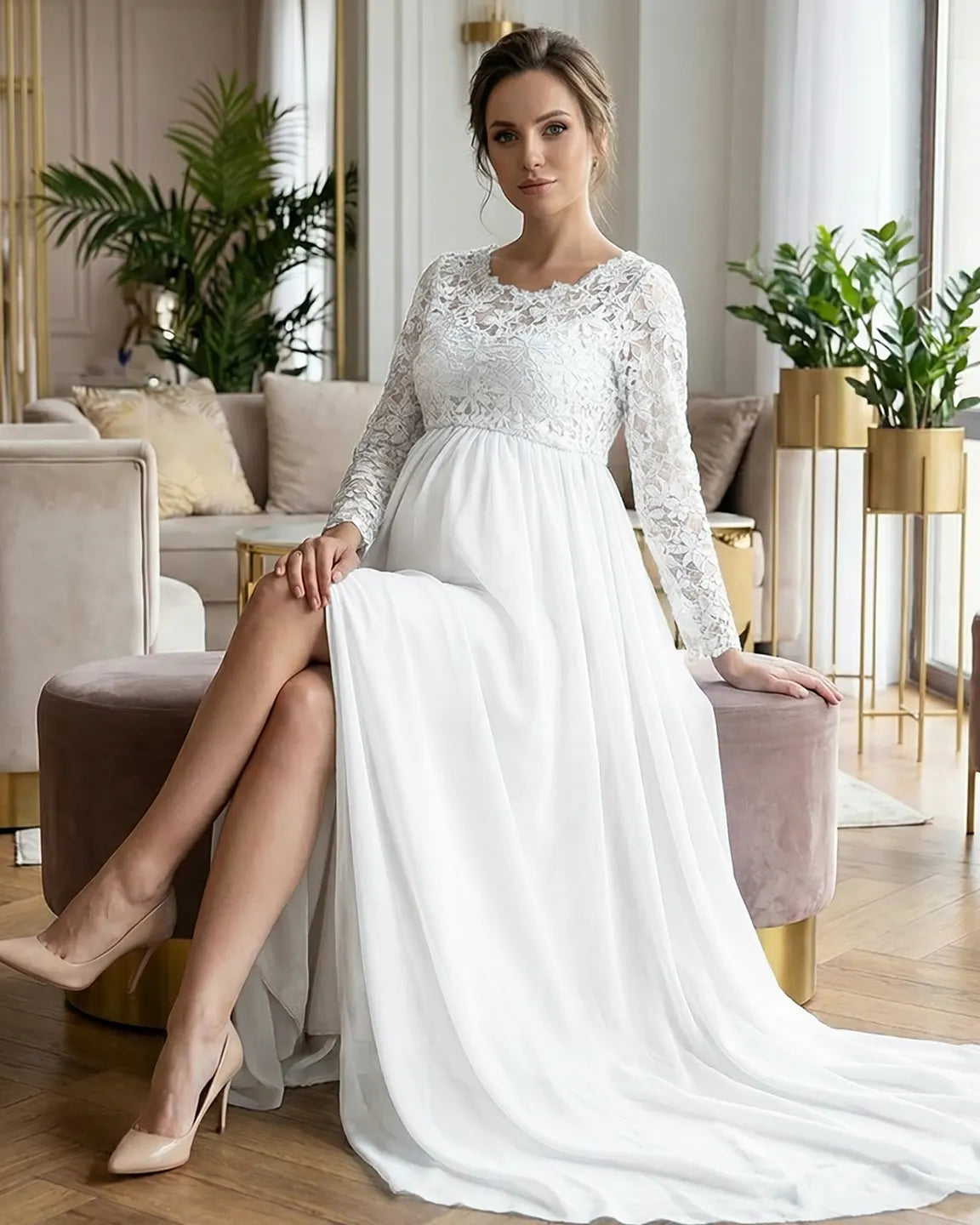 Bump Society – The Comfort Collection: Lace Bodice Trailing Skirt Maternity Photoshoot Gown