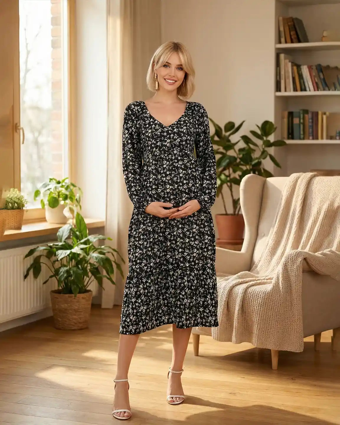 Bump Society – The Comfort Collection: Long Sleeve Dark Floral Print Maternity Midi Dress