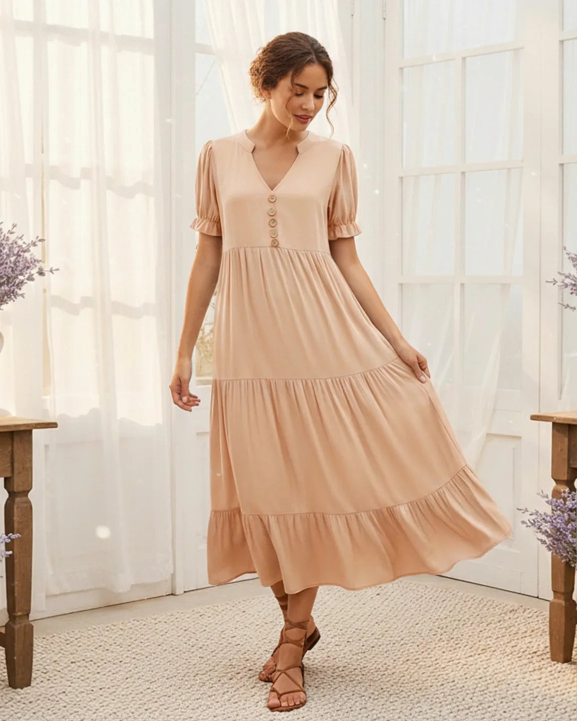 Bump Society – The Comfort Collection: Stand Up Collar Tiered Skirt Maternity Midi Dress