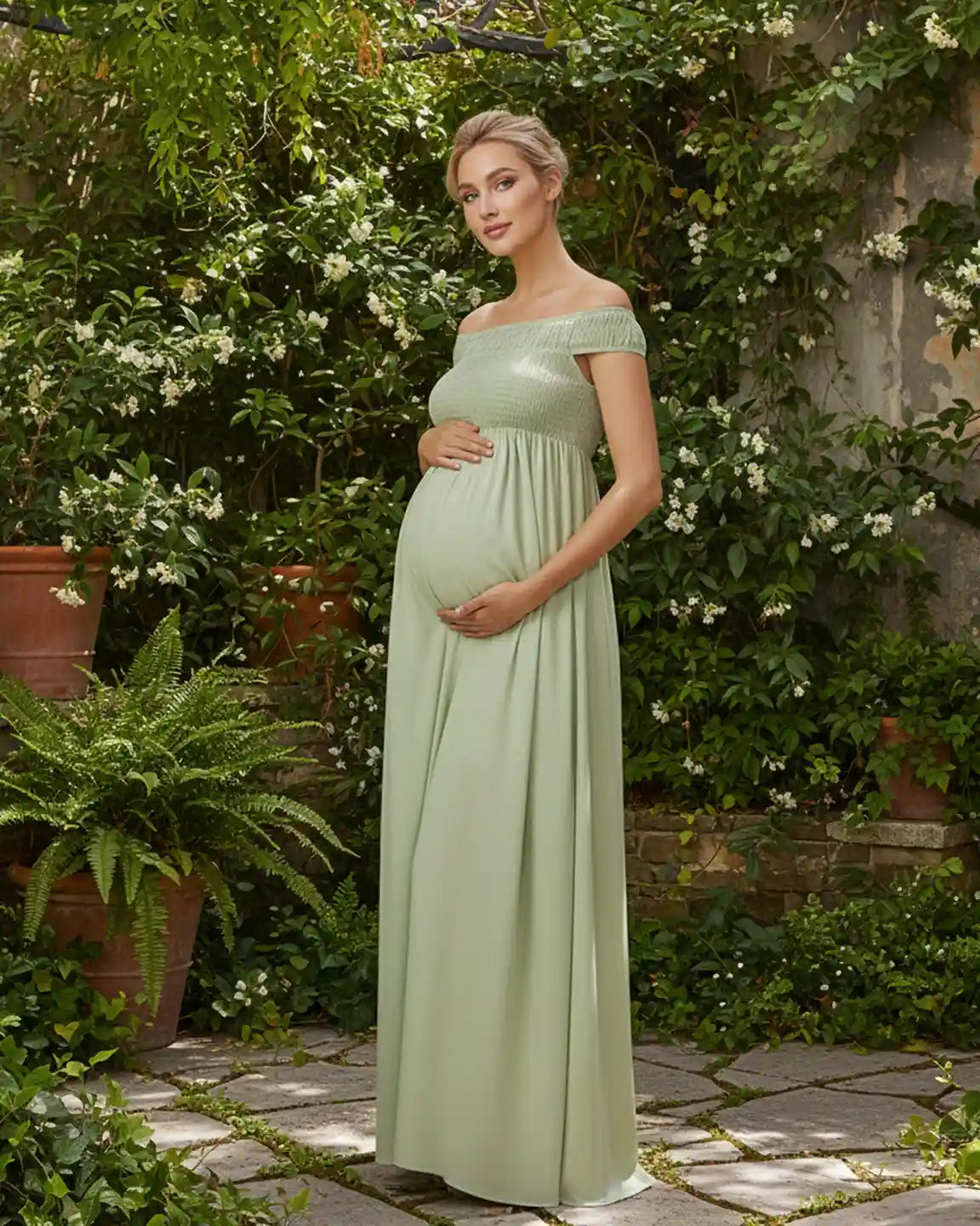 Bump Society – The Comfort Collection: Off-Shoulder Flowy A-line Maternity Maxi Dress