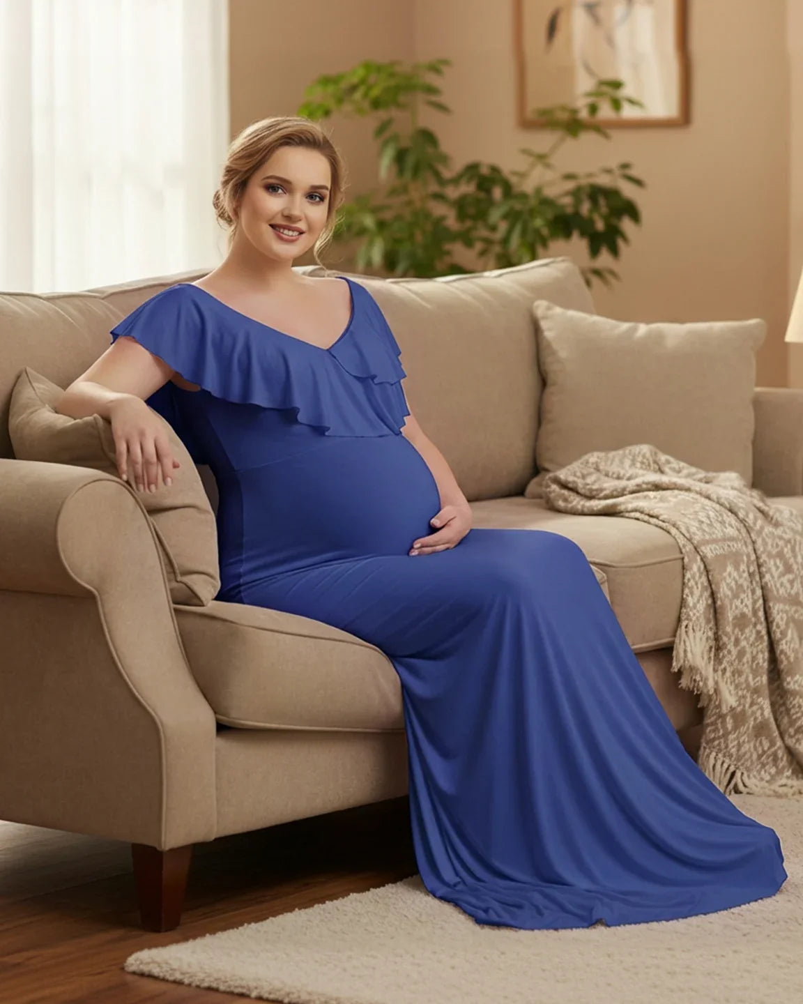 Bump Society – The Comfort Collection: Off-Shoulder Ruffled Bodycon Maternity Maxi Dress