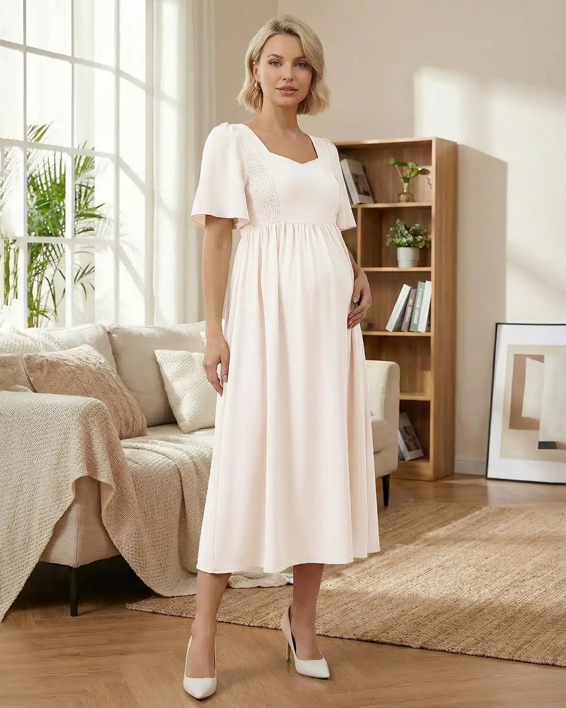 Bump Society – The Comfort Collection: Shirred Ruffle Sleeve Swing Maternity Midi Dress