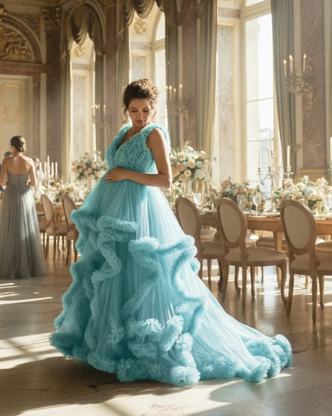 Bump Society – The Comfort Collection: Ruffled Bodice Multi-Layer Mesh Pleats Maternity Gown