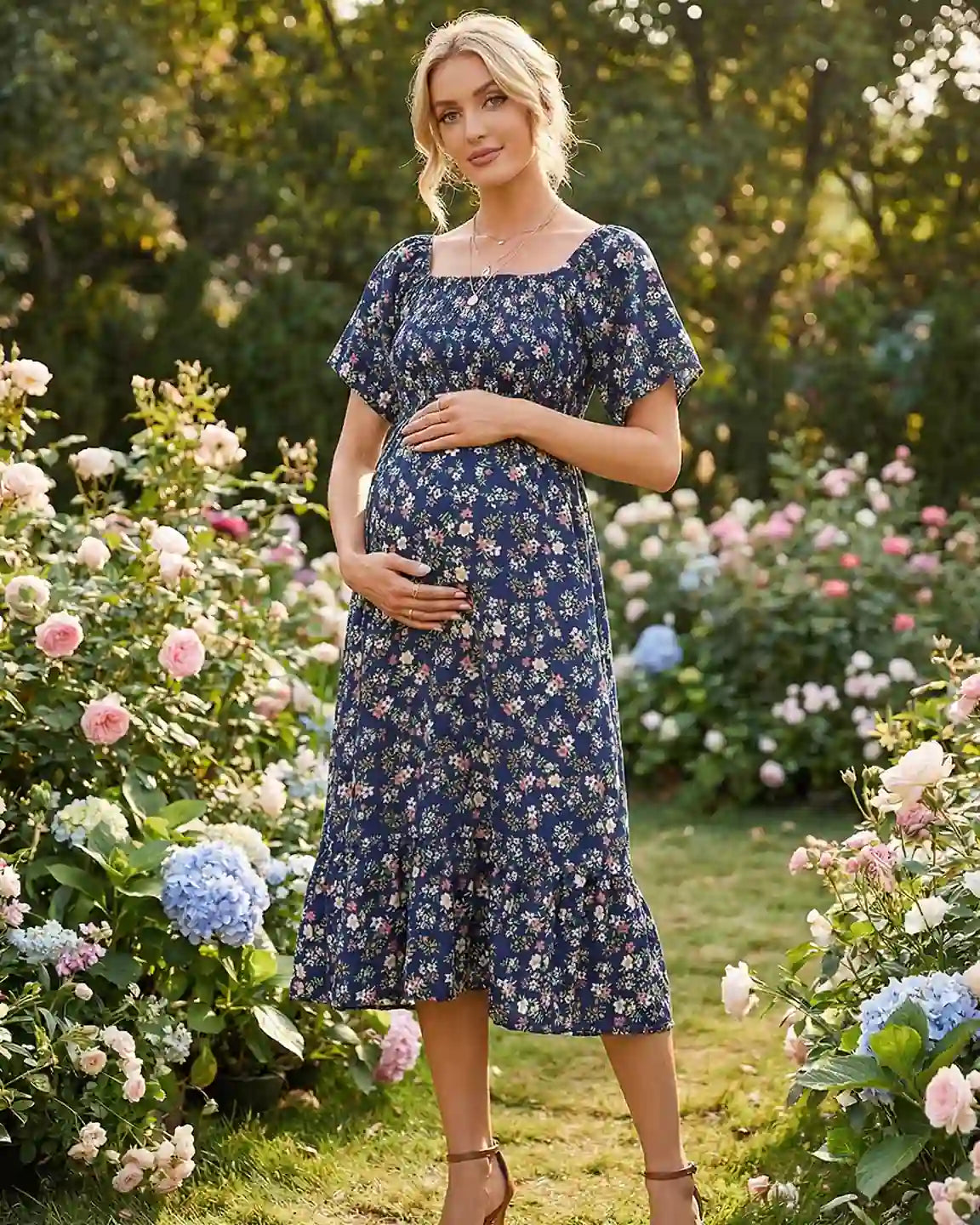 Pregnant woman in a navy floral flutter-sleeve smocked maternity midi dress, standing in a garden.