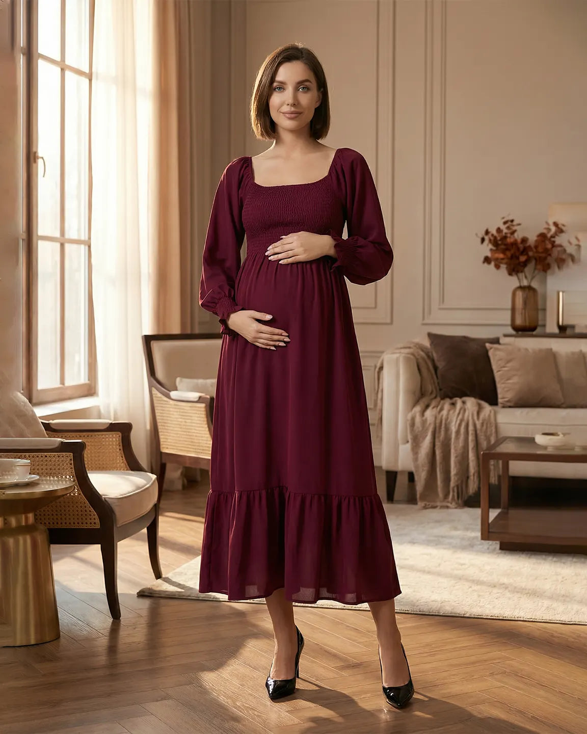 Bump Society – The Comfort Collection: Smocked Square Neck Ruffled Hem Maternity Maxi Dress