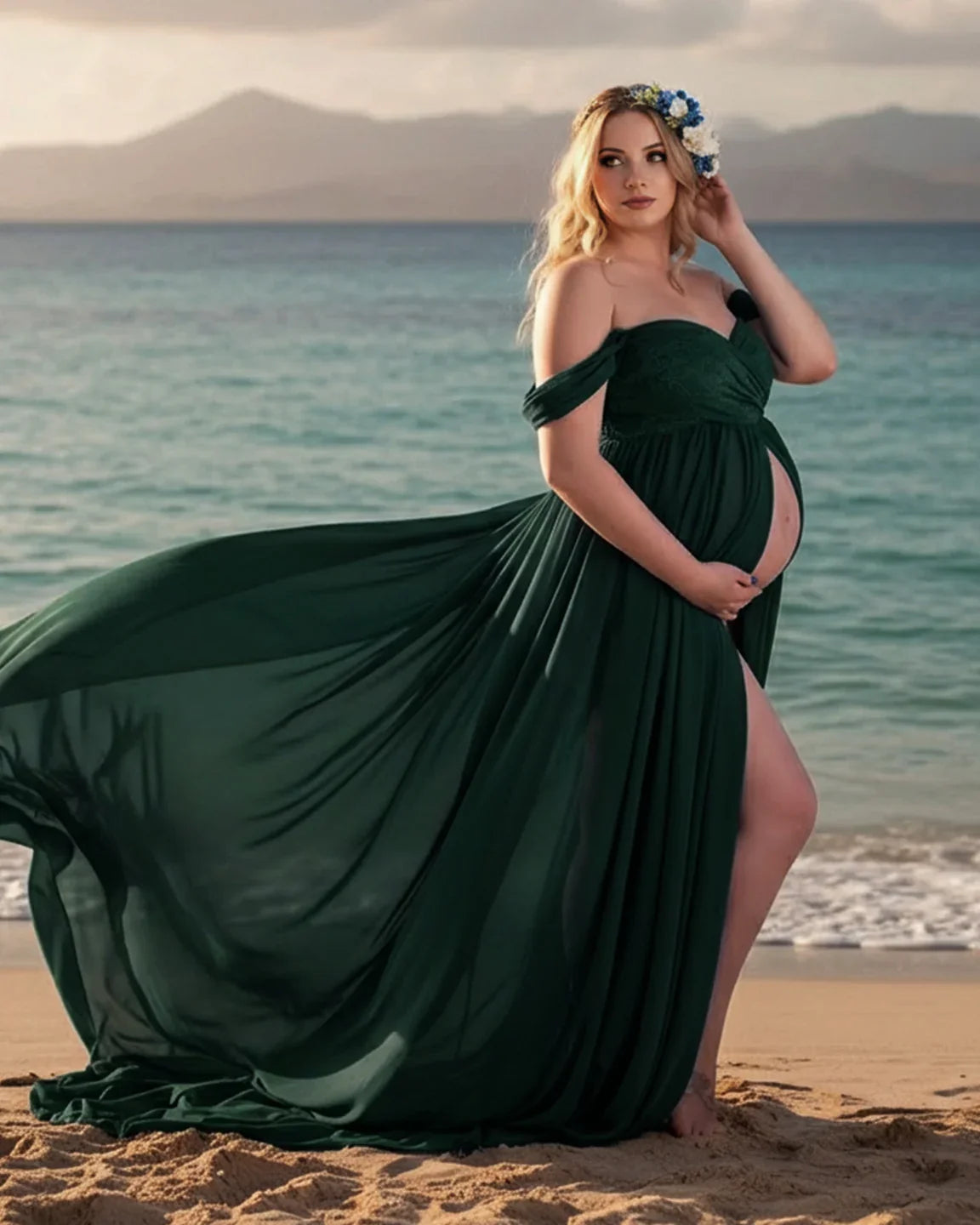Pregnant woman in a flowing, dark green chiffon off-shoulder gown with a long train on a beach.