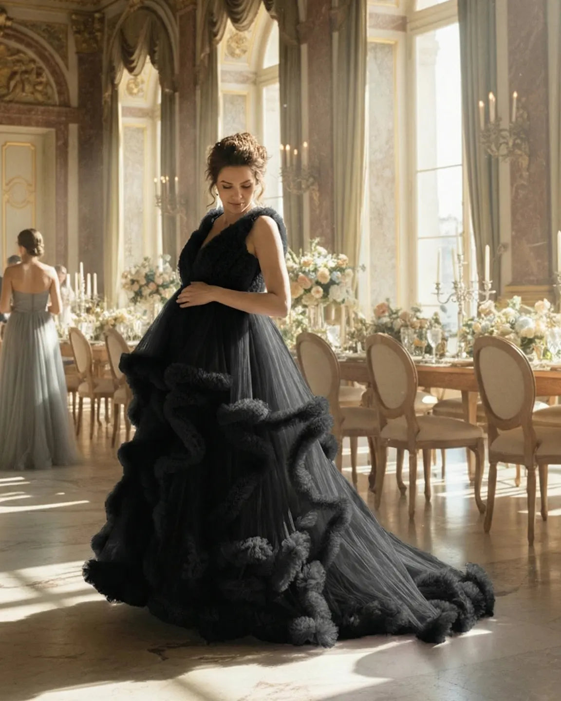 Bump Society – The Comfort Collection: Ruffled Bodice Multi-Layer Mesh Pleats Maternity Gown