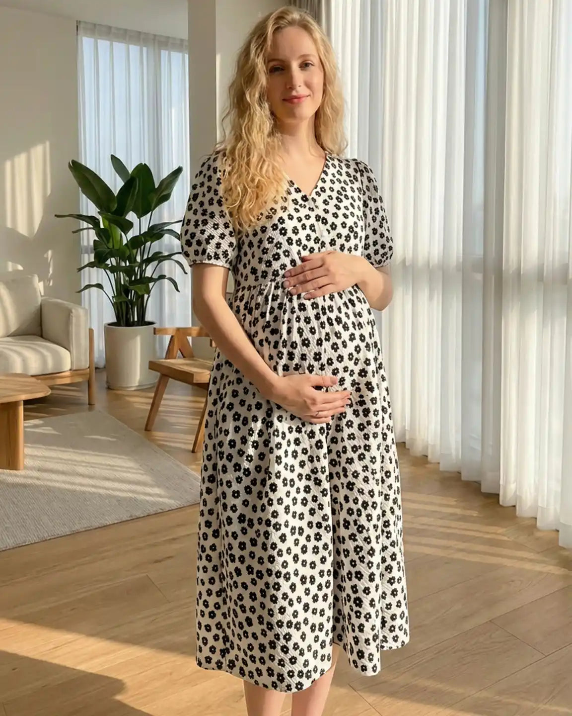 Pregnant woman in a white midi nursing dress with black floral print, V-neck, and button-front.