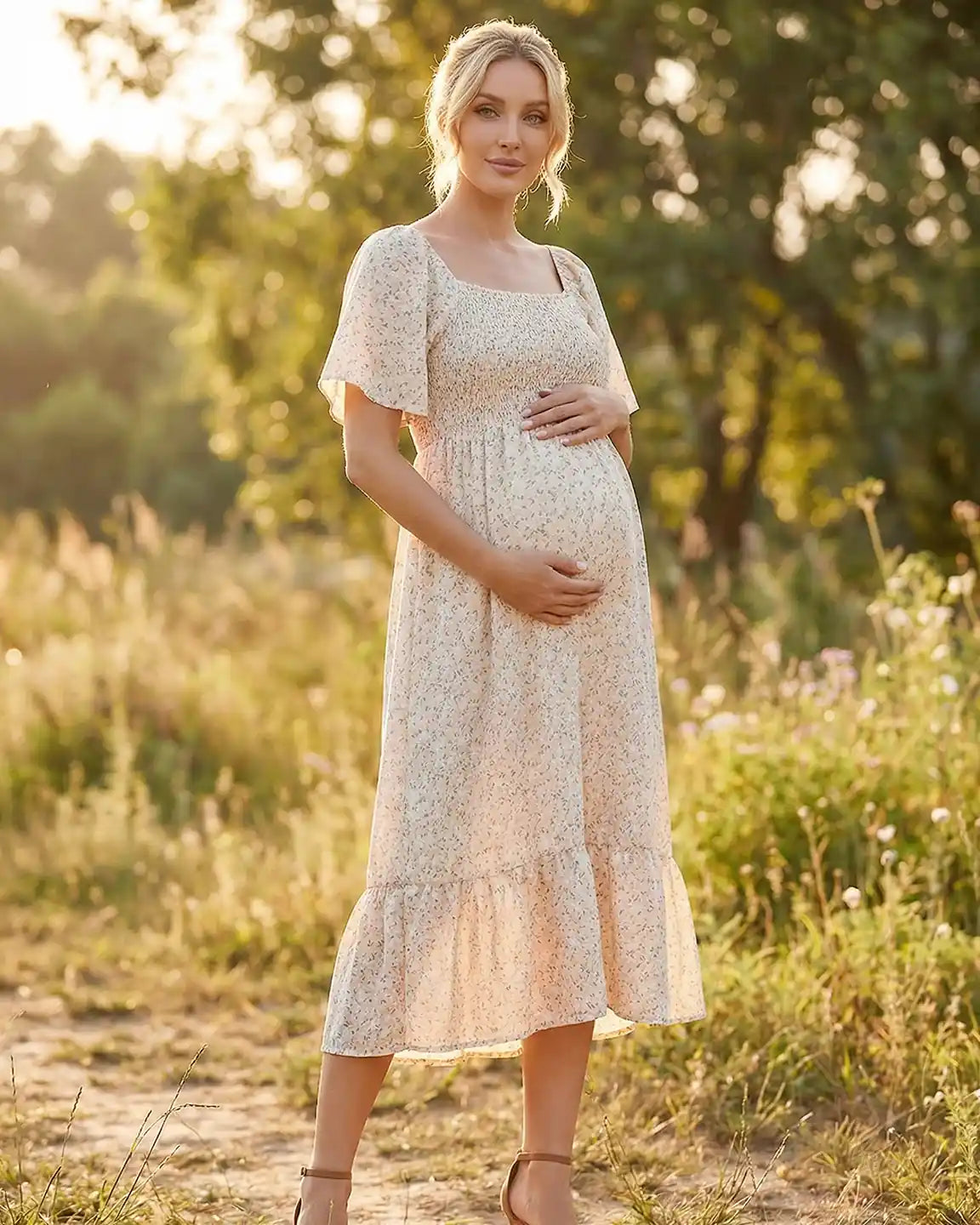 Maternity midi dress with flutter sleeves, smocked top, and tiered skirt in a light floral print.