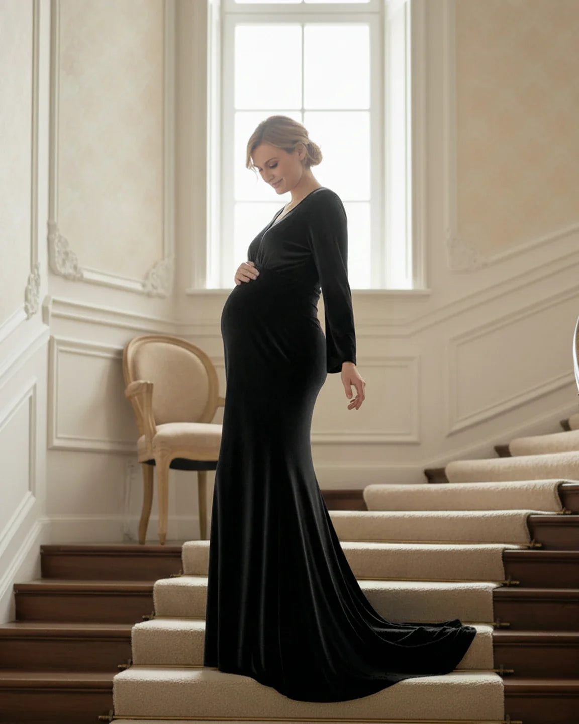 Bump Society – The Comfort Collection: Long-Sleeve Mermaid Train Maternity Photoshoot Gown