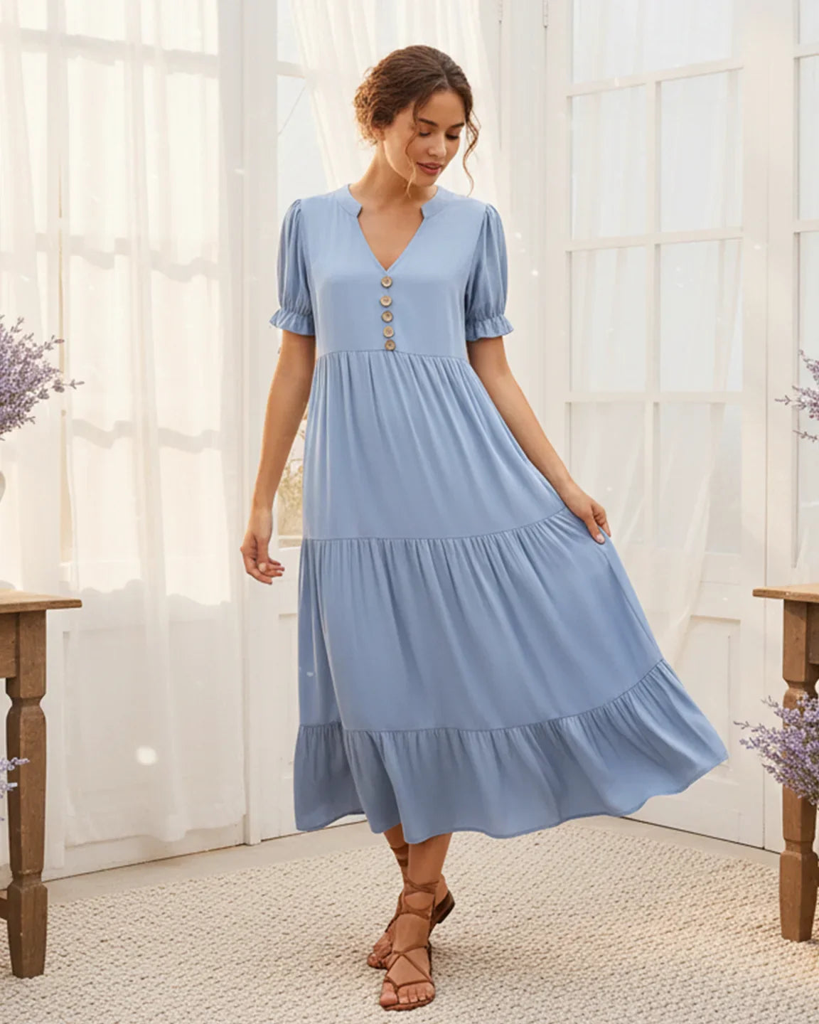 Bump Society – The Comfort Collection: Stand Up Collar Tiered Skirt Maternity Midi Dress