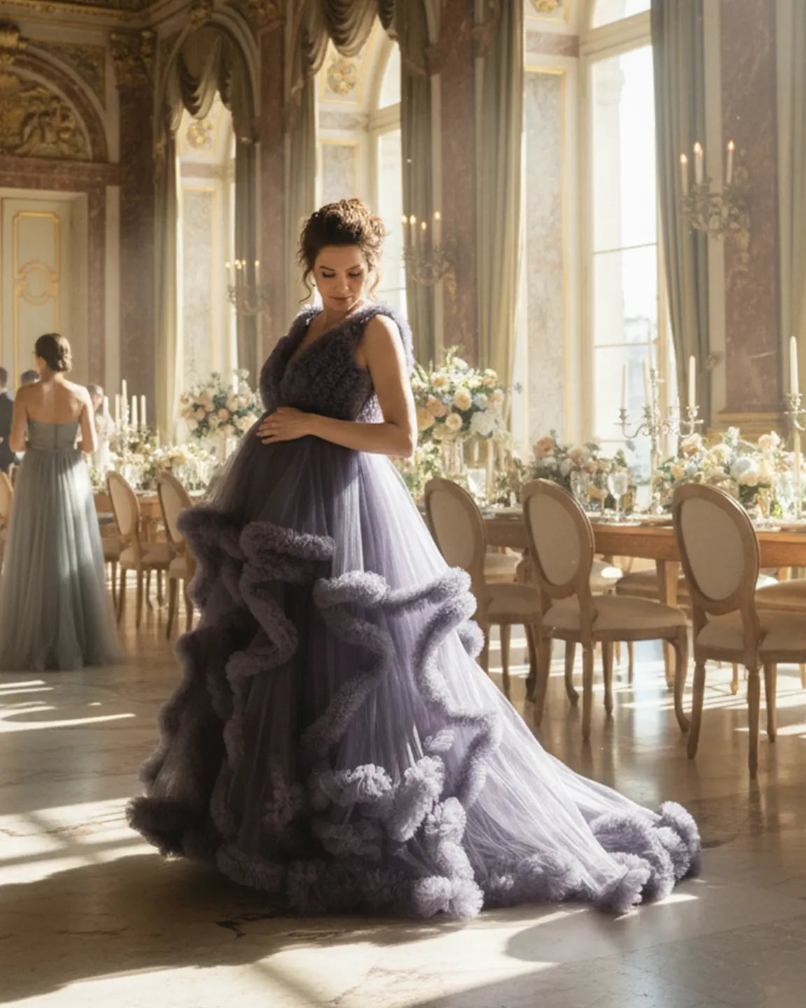 Bump Society – The Comfort Collection: Ruffled Bodice Multi-Layer Mesh Pleats Maternity Gown