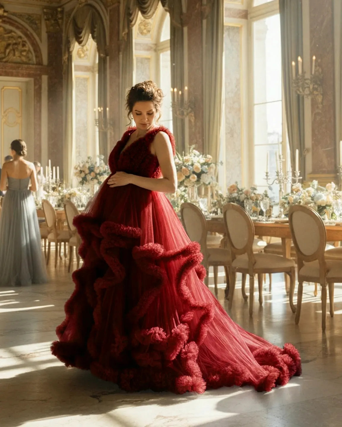 Bump Society – The Comfort Collection: Ruffled Bodice Multi-Layer Mesh Pleats Maternity Gown
