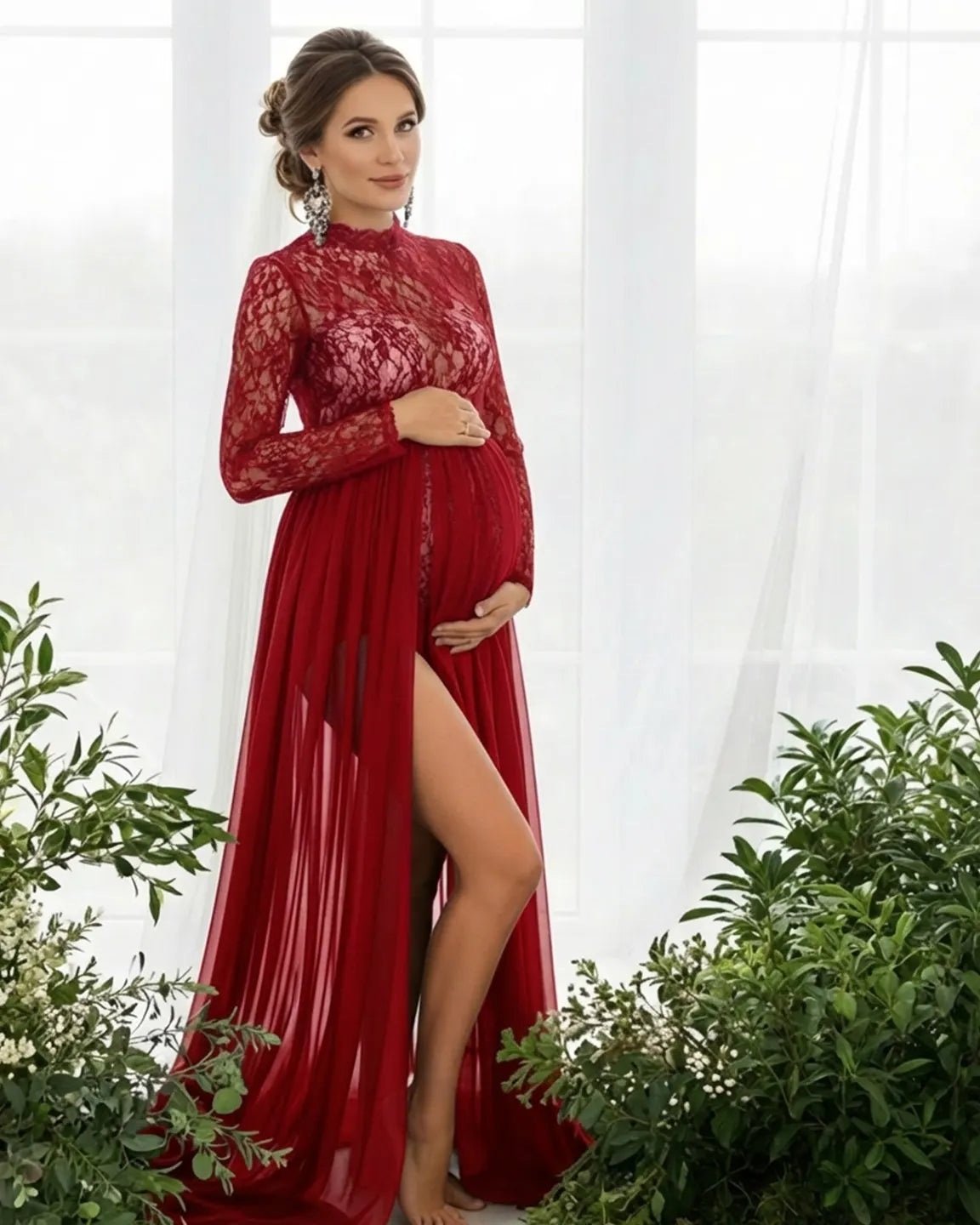 Bump Society – The Comfort Collection: Sheer Lace Double Slit Maternity Photoshoot Gown