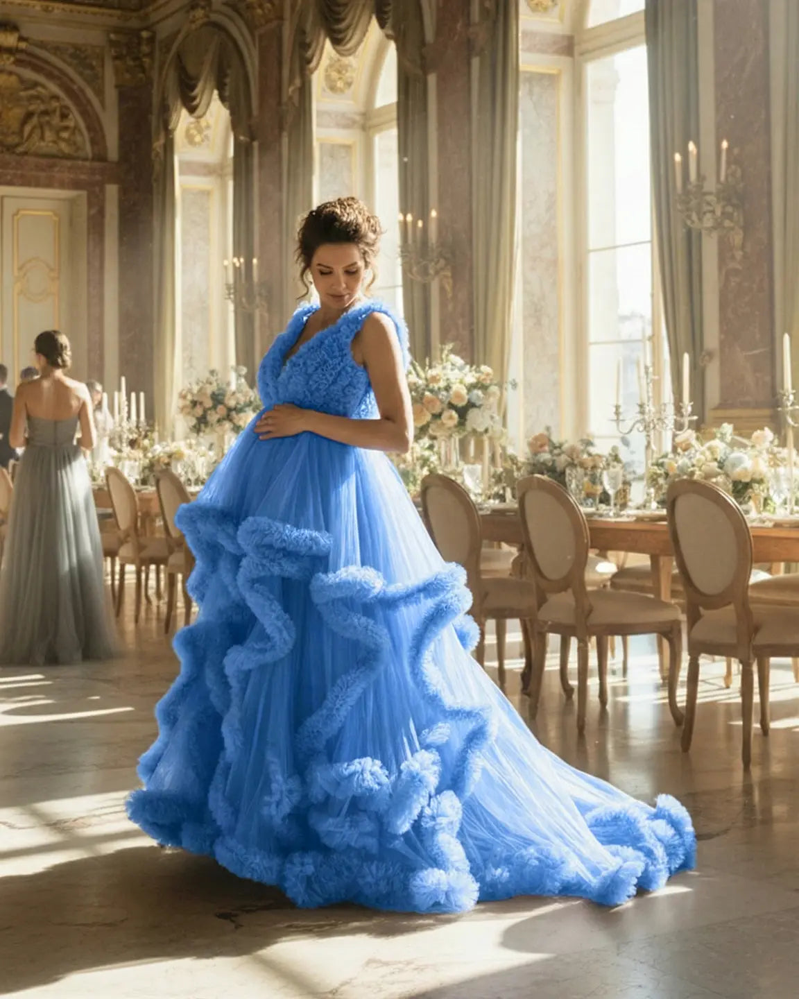 Bump Society – The Comfort Collection: Ruffled Bodice Multi-Layer Mesh Pleats Maternity Gown