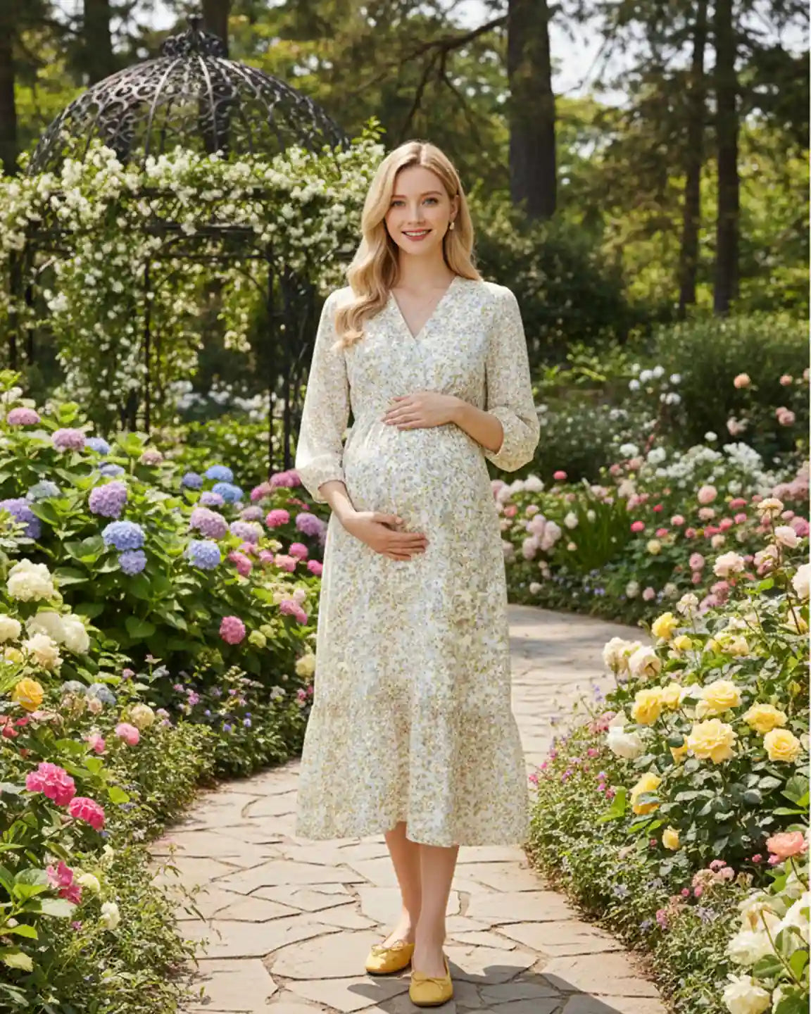 Maternity midi dress with a floral print, smocked waist, V-neck, and ruffle hem, worn by a pregnant woman in a garden.