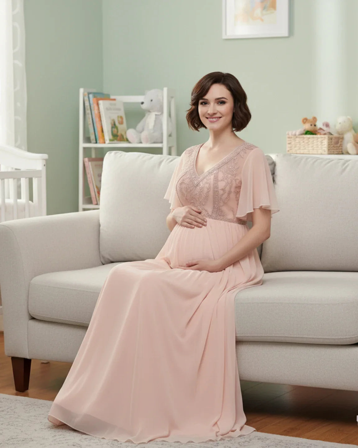 Bump Society – The Comfort Collection: Embroidered Bodice Long Train Maternity Photoshoot Gown