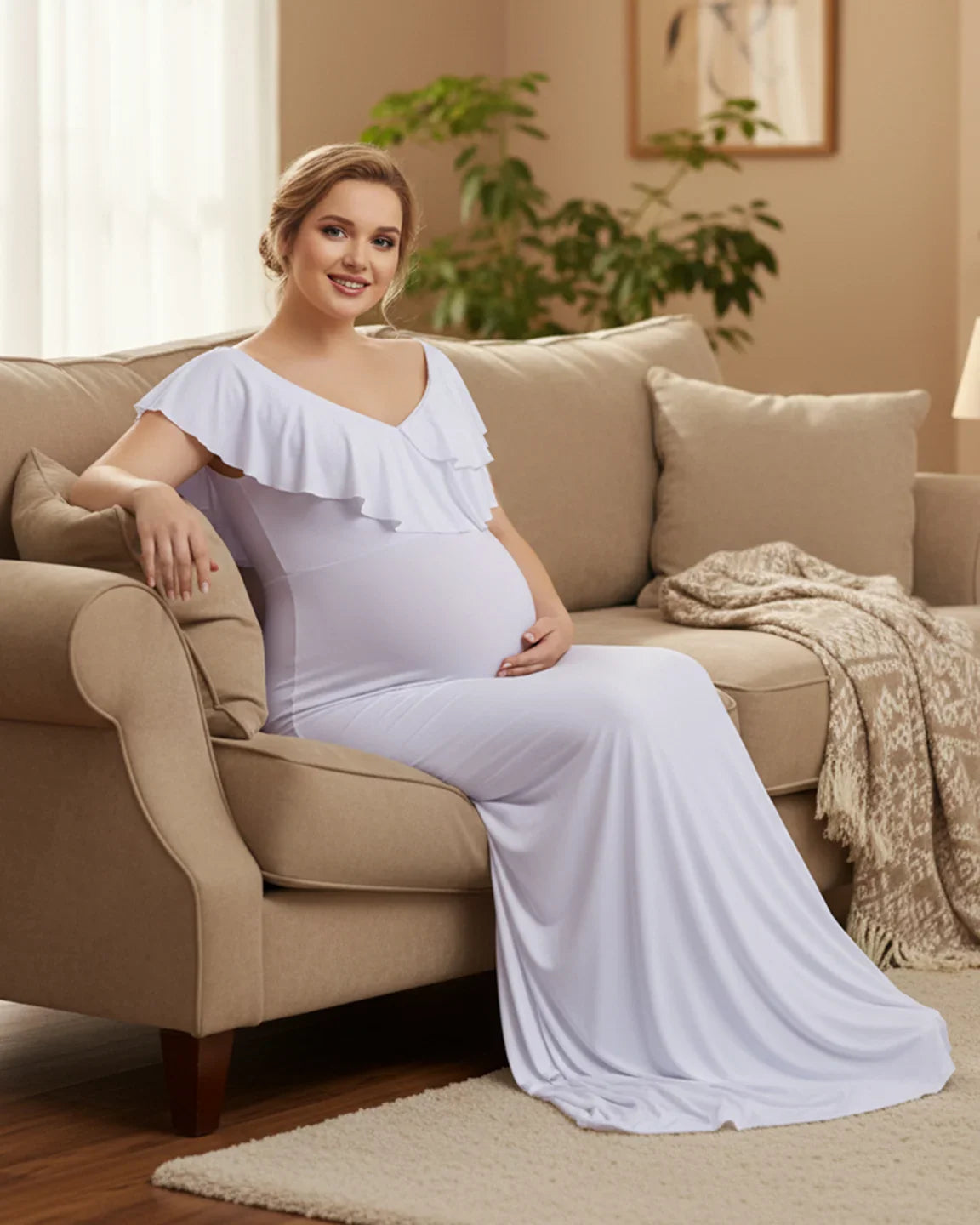 Bump Society – The Comfort Collection: Off-Shoulder Ruffled Bodycon Maternity Maxi Dress
