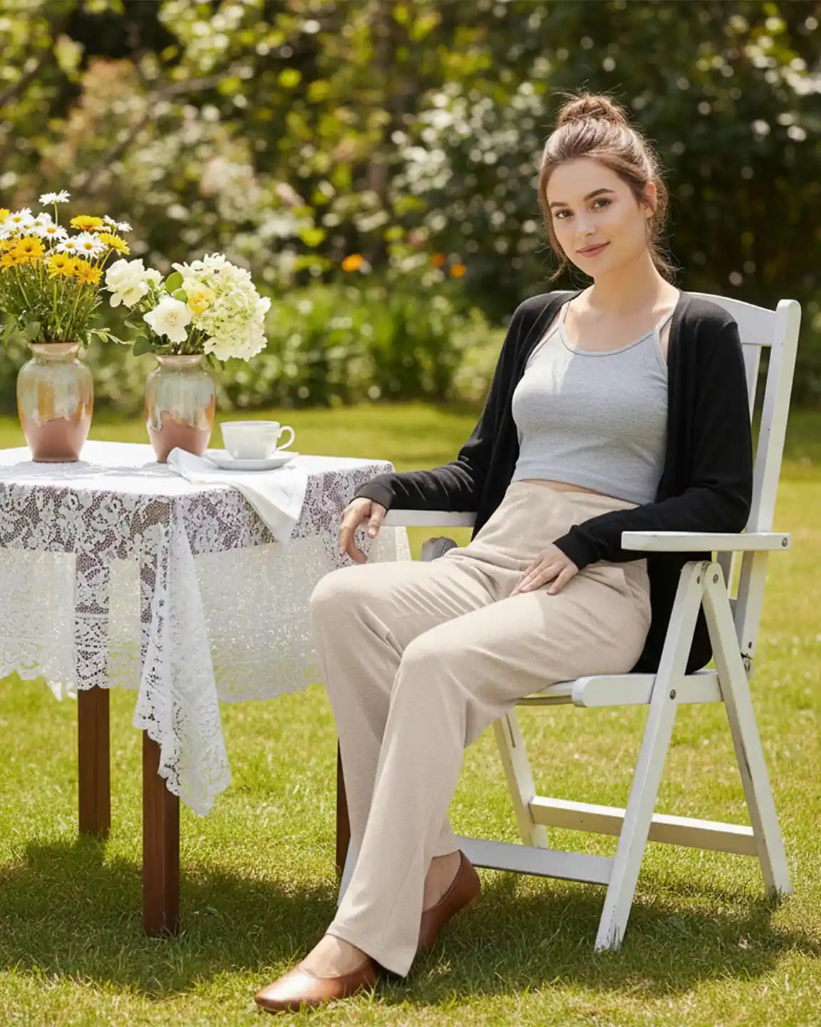 Woman in beige wide-leg maternity lounge pants with crossover waist, grey tank, and black cardigan, sitting outdoors.