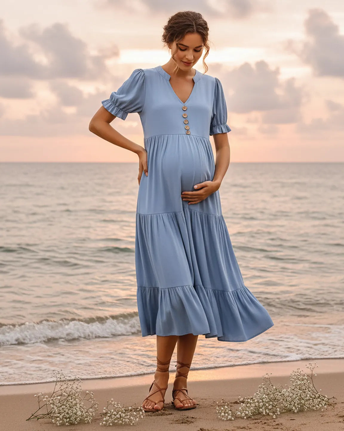 Bump Society – The Comfort Collection: Stand Up Collar Tiered Skirt Maternity Midi Dress
