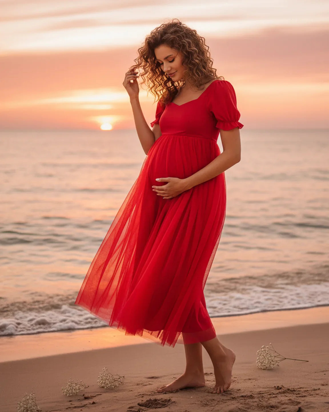 Bump Society – The Comfort Collection: Layered Mesh Romantic Maternity Midi Dress