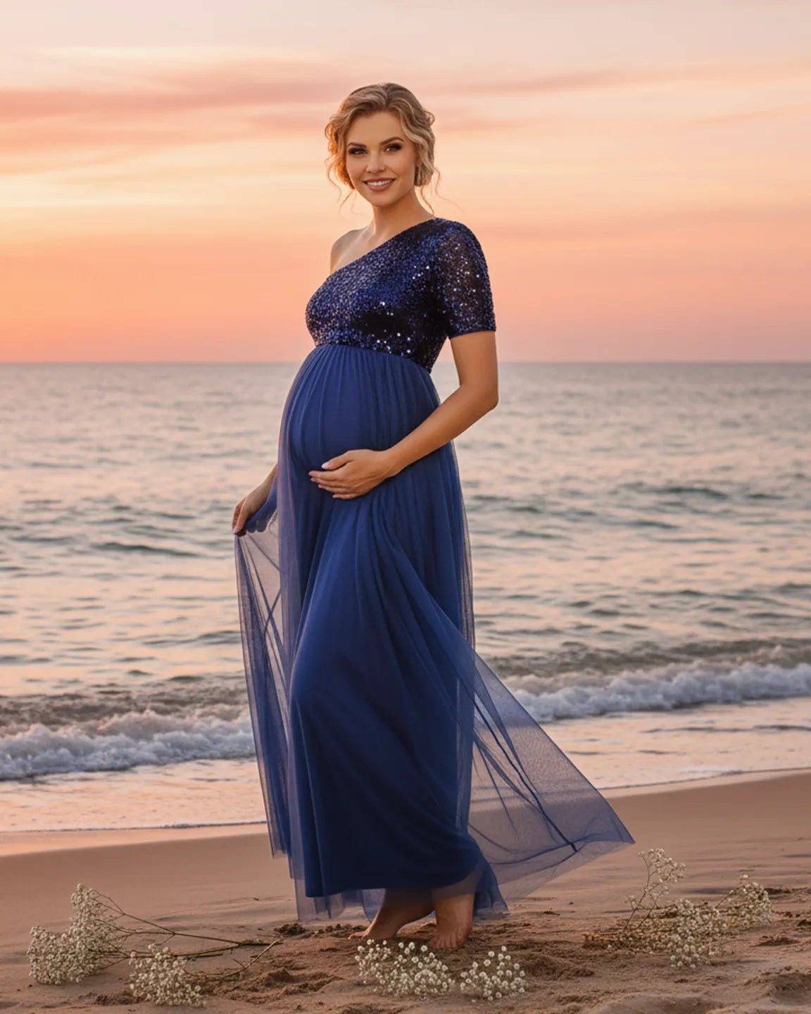 Bump Society – The Comfort Collection: Sequin One-Shoulder Glamour Maternity Maxi Dress