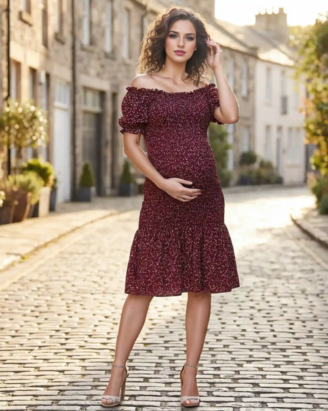 Bump Society – The Comfort Collection: Off-Shoulder Smocked Floral Maternity Midi Dress