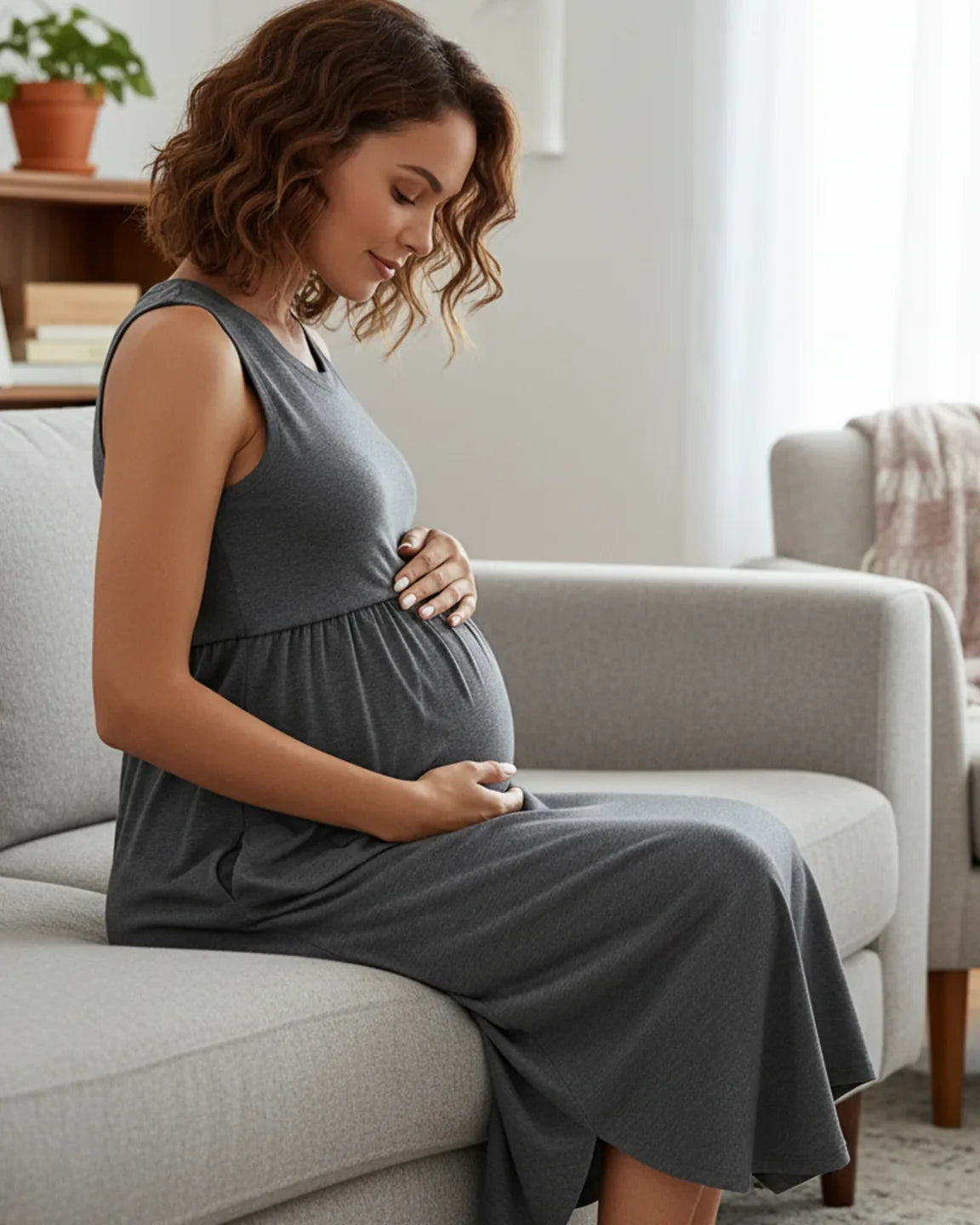 Bump Society – The Comfort Collection: Sleeveless Gathered-Waist Maternity Midi Dress