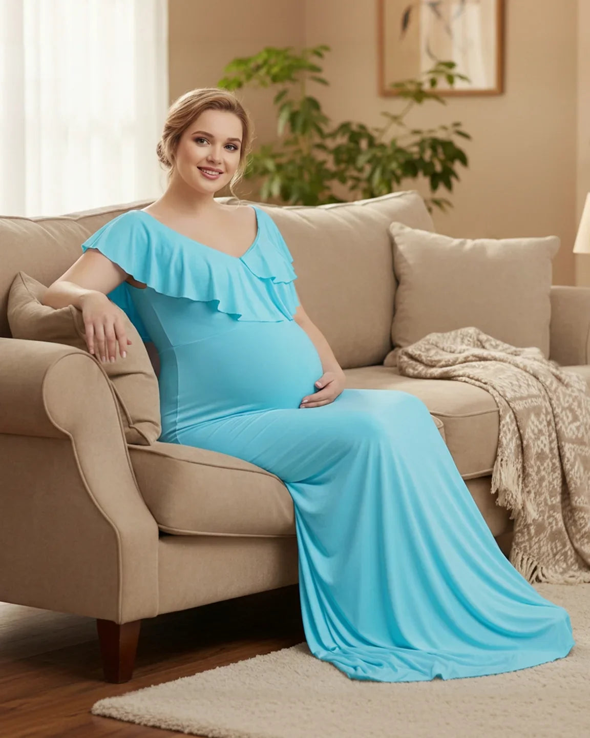 Bump Society – The Comfort Collection: Off-Shoulder Ruffled Bodycon Maternity Maxi Dress