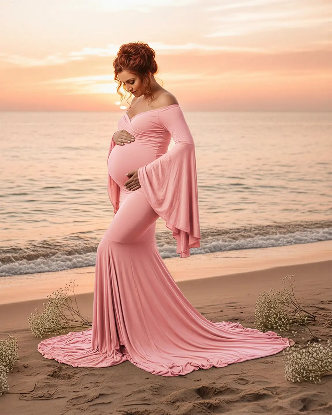 Bump Society – The Comfort Collection: Flared Sleeve Fishtail Train Maternity Photoshoot Dress