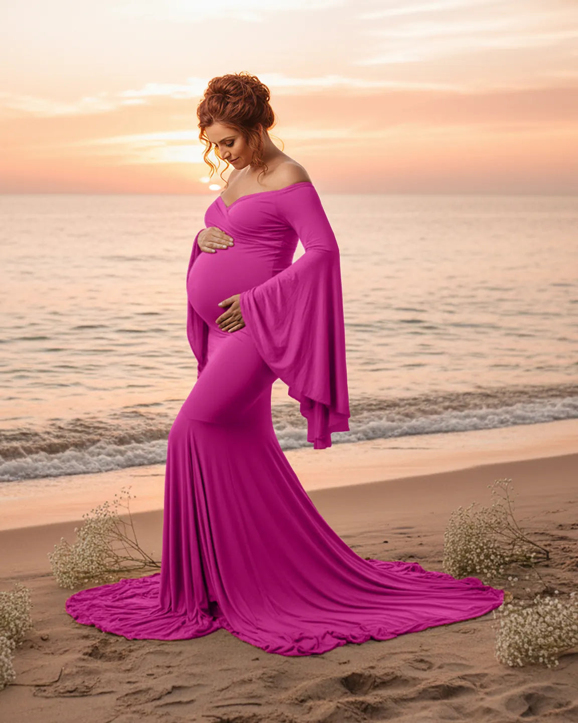 Bump Society – The Comfort Collection: Flared Sleeve Fishtail Train Maternity Photoshoot Dress