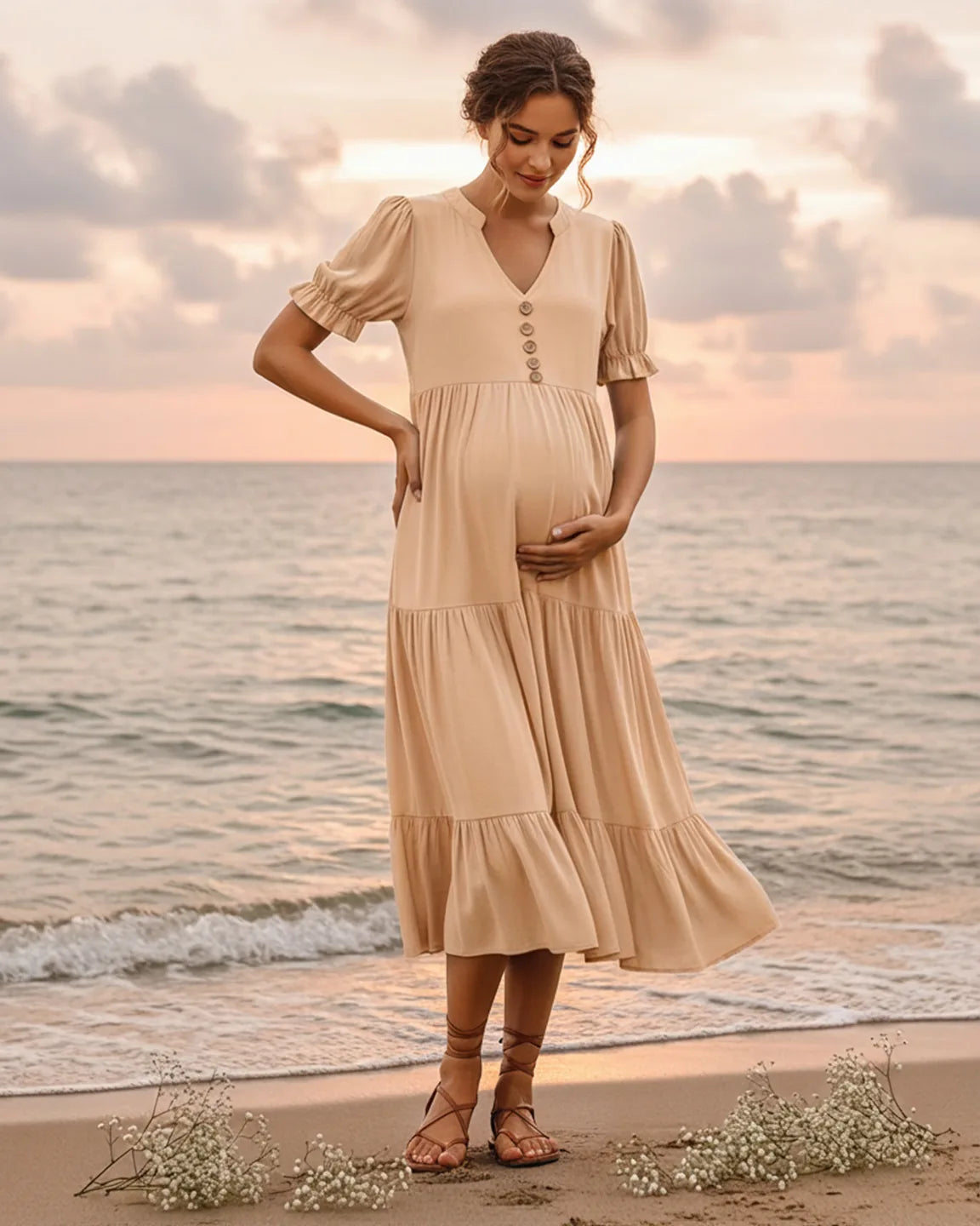 Bump Society – The Comfort Collection: Stand Up Collar Tiered Skirt Maternity Midi Dress