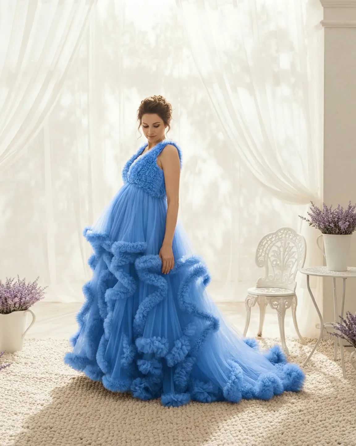 Bump Society – The Comfort Collection: Ruffled Bodice Multi-Layer Mesh Pleats Maternity Gown