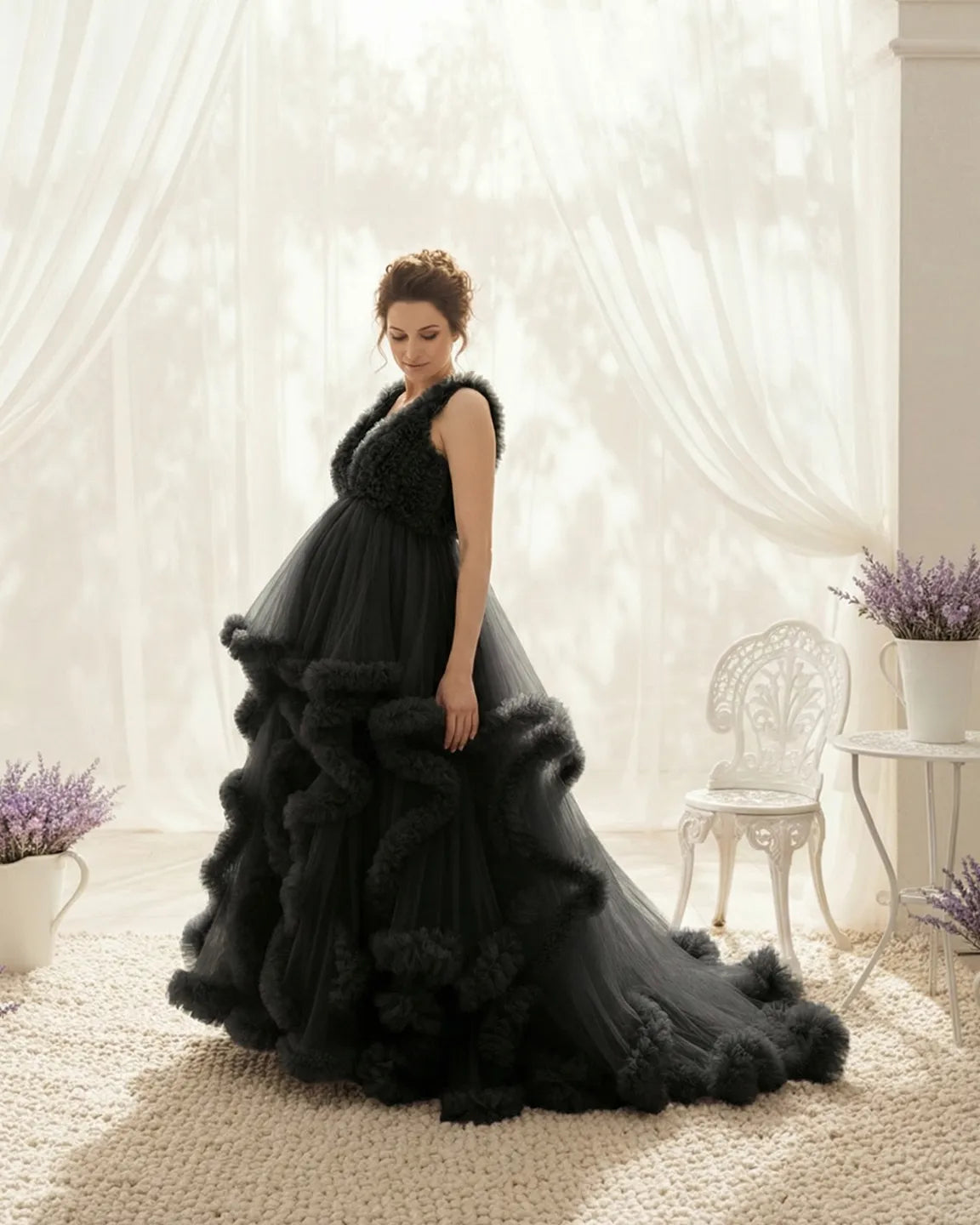 Bump Society – The Comfort Collection: Ruffled Bodice Multi-Layer Mesh Pleats Maternity Gown