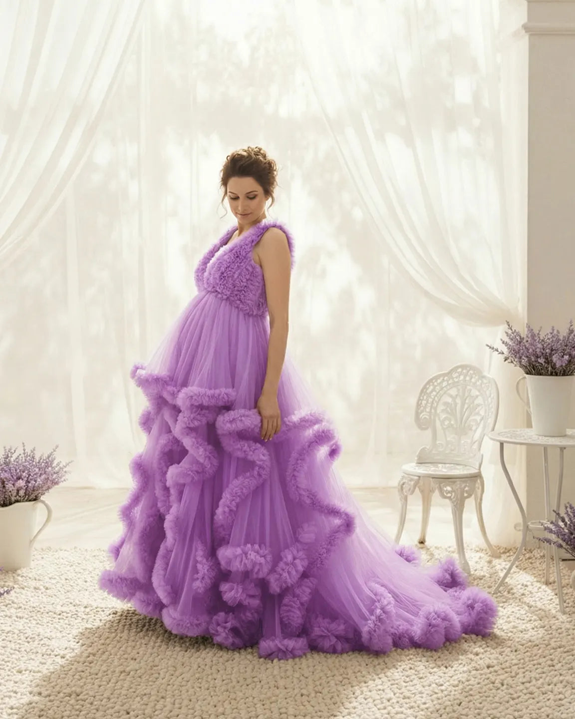 Bump Society – The Comfort Collection: Ruffled Bodice Multi-Layer Mesh Pleats Maternity Gown