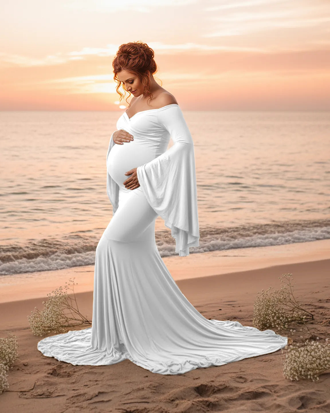 Bump Society – The Comfort Collection: Flared Sleeve Fishtail Train Maternity Photoshoot Dress