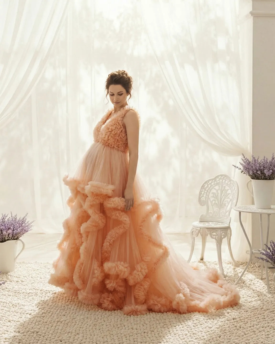 Bump Society – The Comfort Collection: Ruffled Bodice Multi-Layer Mesh Pleats Maternity Gown