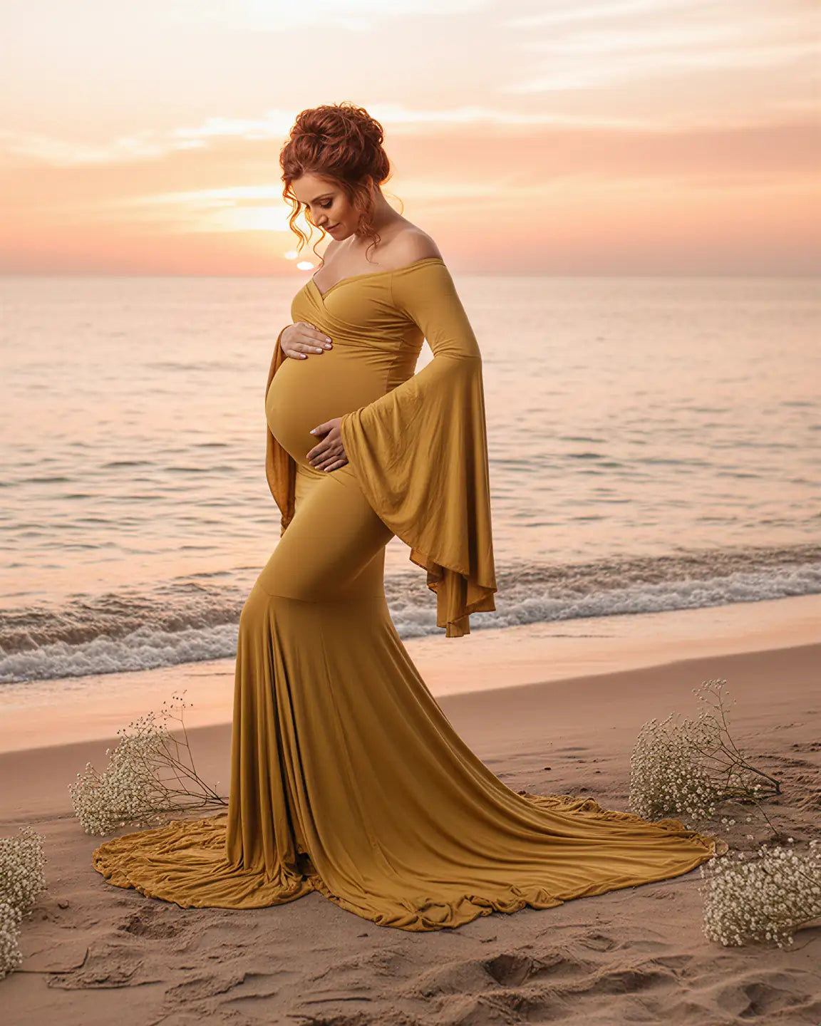 Bump Society – The Comfort Collection: Flared Sleeve Fishtail Train Maternity Photoshoot Dress