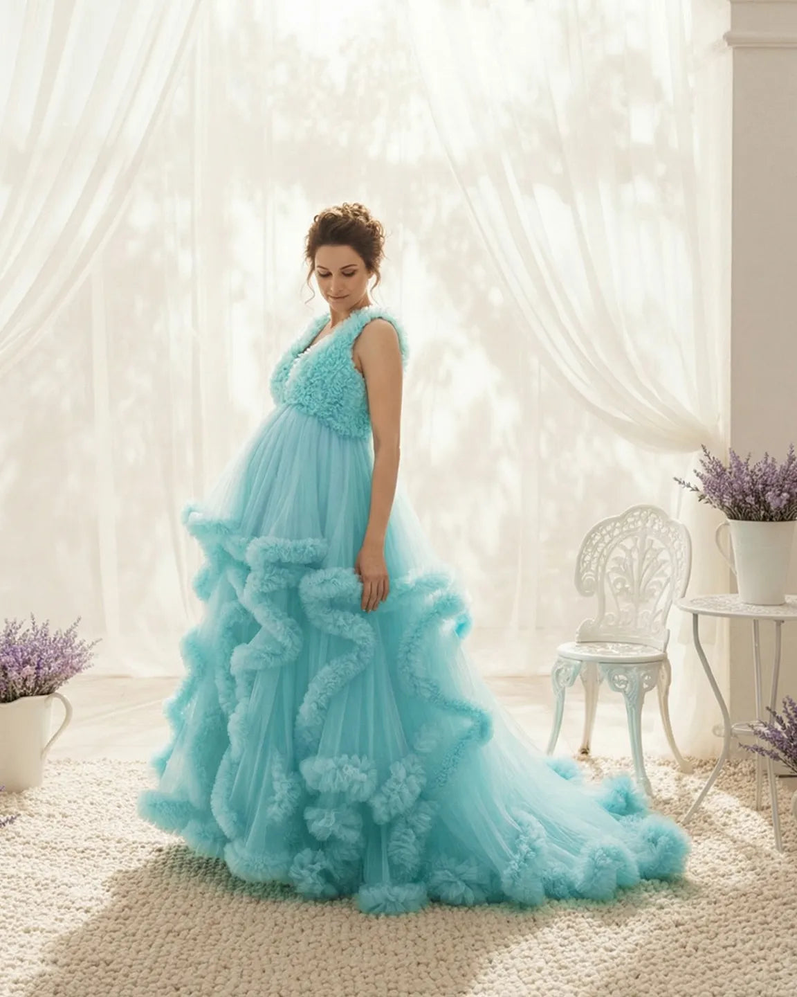 Bump Society – The Comfort Collection: Ruffled Bodice Multi-Layer Mesh Pleats Maternity Gown
