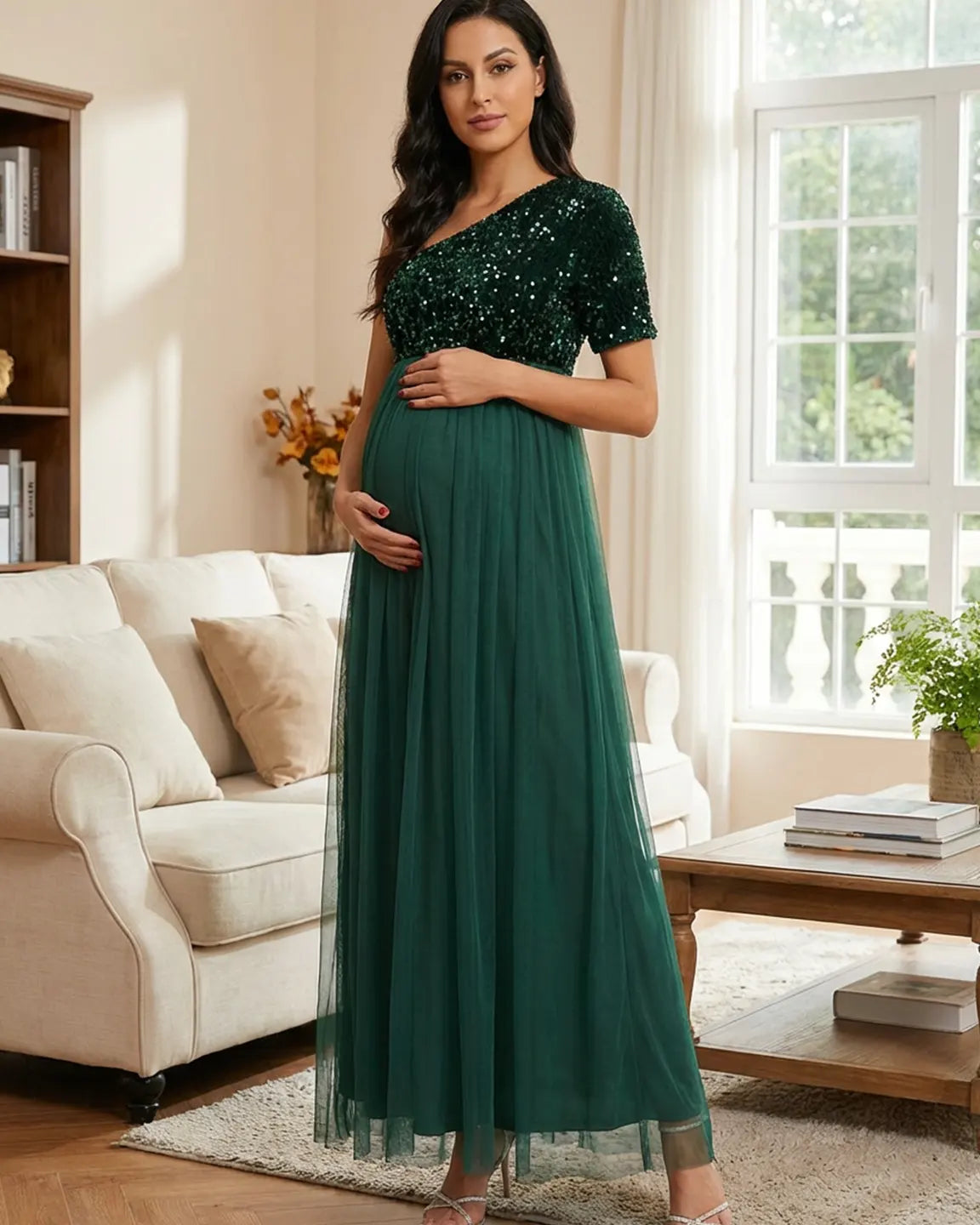 Bump Society – The Comfort Collection: Sequin One-Shoulder Flowy Maternity Maxi Dress