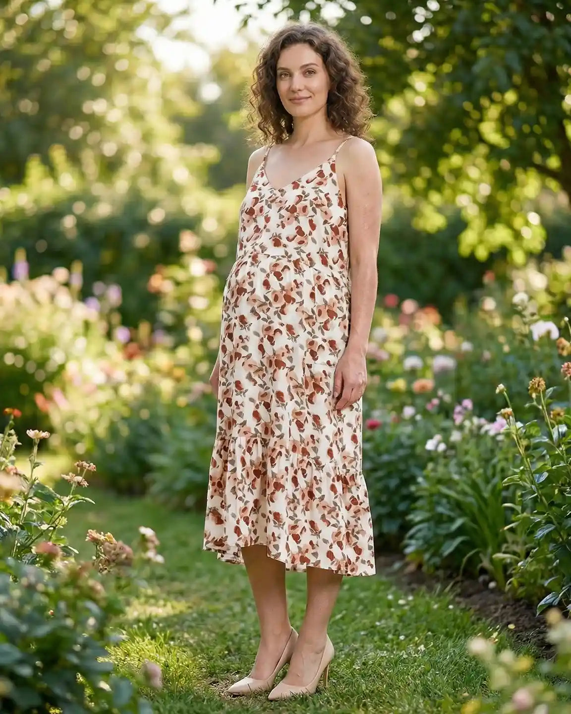 Bump Society – The Comfort Collection: Spaghetti Strap Floral Tiered Maternity Midi Dress